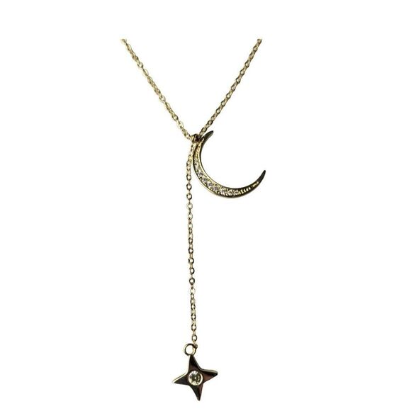 NWT 150.00 Lili Claspe Lariat Necklace Gold Plated Brass Rope the Moon & Star - Picture 2 of 4